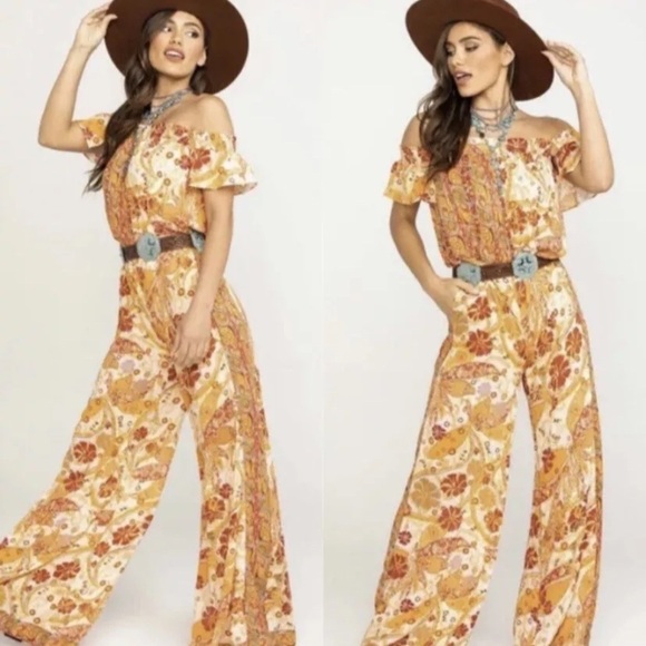 Free People Pants - Free People Carmen Jumpsuit Off Shoulder Floral Wide Leg Size S